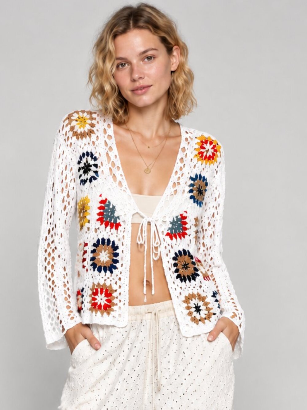 Debut Crochet Granny Square Cardigan Multicolor Boho Tie Front L NWOT